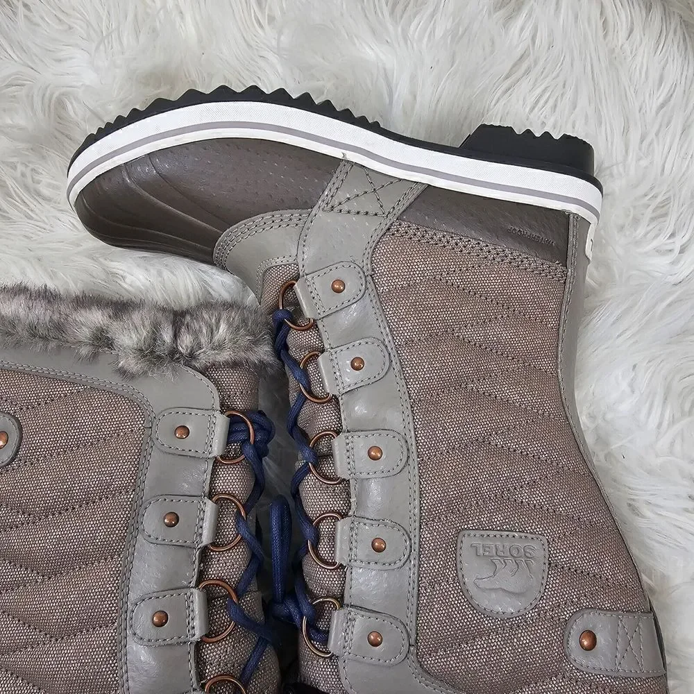 SOREL Tofino II Boot Kettle Dusk Taupe Blue Laces Waterproof Leather Womens 8.5